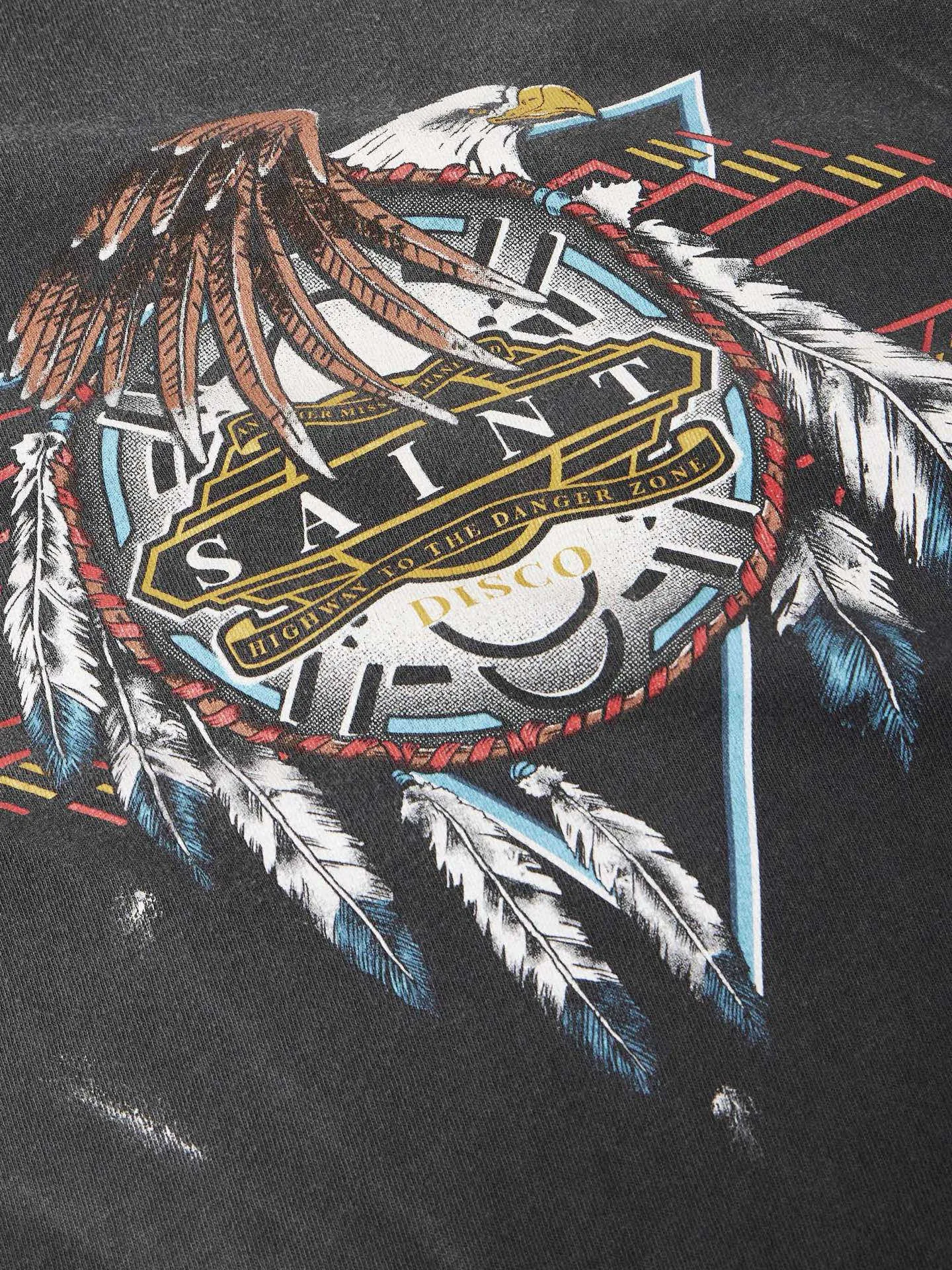 SAINT Mxxxxxx x TEFLON DISCO SAINT DISCO ML_LS TEE/BLK Eagle Feather Spider Web Distressed Long Sleeves, Washed Black S-XL, Ready-made Assute Dyeing, Water Spray Fading Treatment, Customized TEFLON DISCO co-branded accessories, Hand-splashed ink, Wormhole fraying treatment, Authentic level printing process